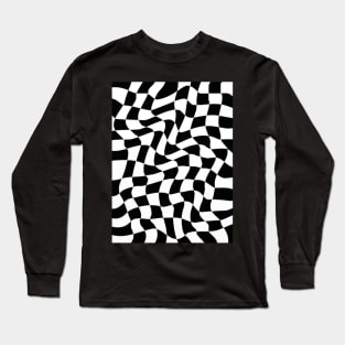 Black and White Wavy Checkered Pattern Long Sleeve T-Shirt